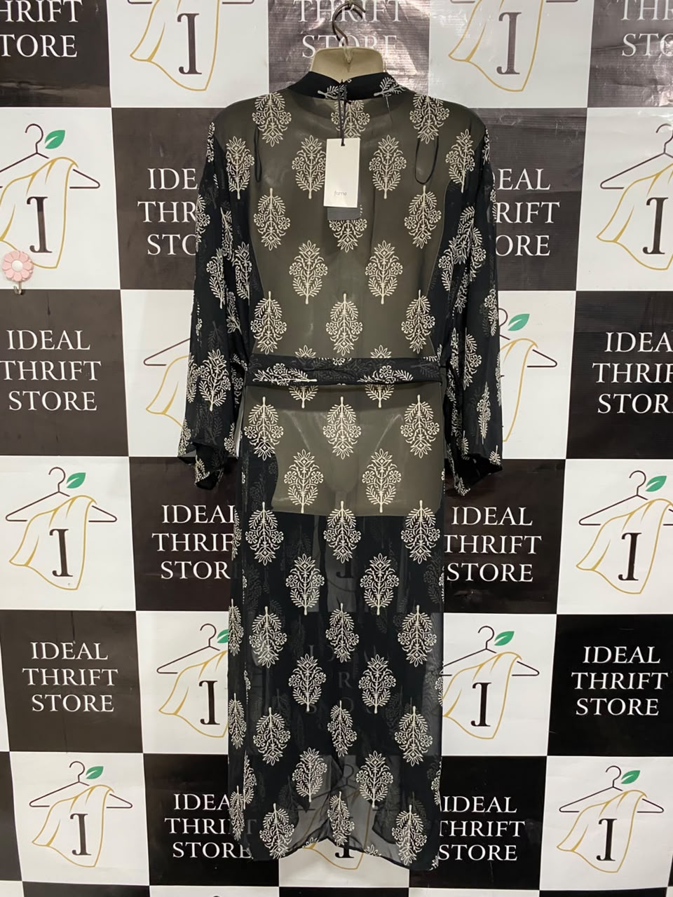 FAME |M/L| BUST 22| A23| BLACK AND BEIGE BLOCK-PRINTED CHIFFON KIMONO ROBE | OPEN-FRONT TIE-WAIST OVERLAY