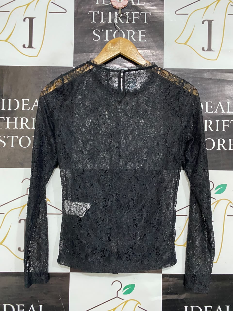 MORGAN |S| BUST 15| A22| BLACK SHEER LACE LONG-SLEEVE TOP | ELEGANT CREW NECK PARTY BLOUSE