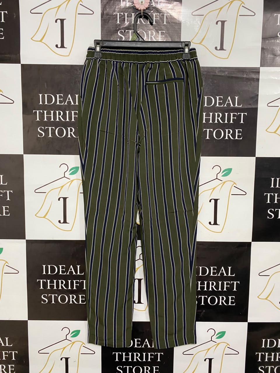 ATMOSPHERE |S| WAIST 26| A22| OLIVE GREEN AND STRIPED CASUAL TROUSERS | VERTICAL STRIPE ANKLE PANTS