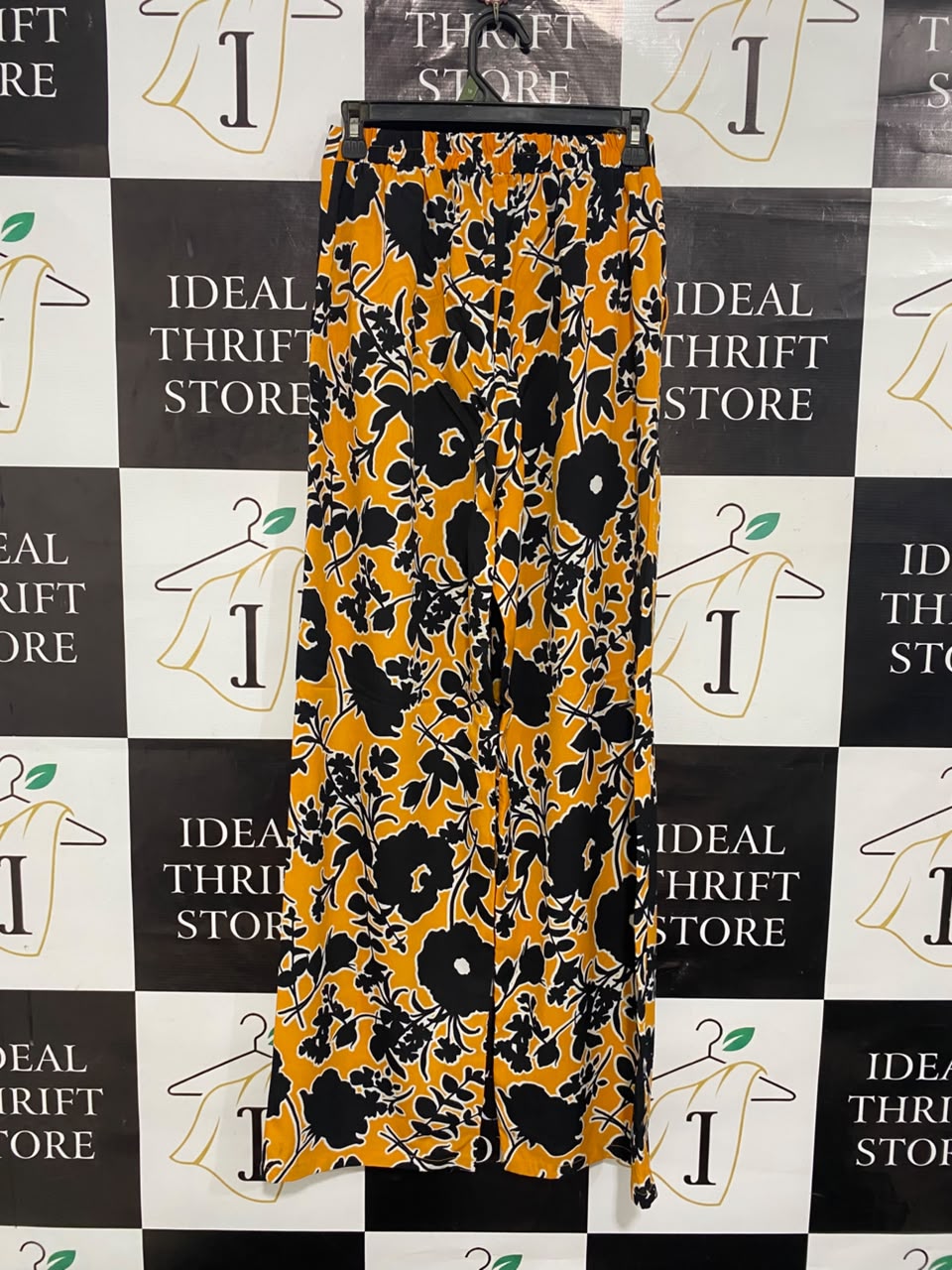 PRIMARK |S| WAIST 26| A22| MUSTARD YELLOW AND BLACK FLORAL PRINT WIDE-LEG TROUSERS | BOLD STATEMENT PALAZZO PANTS