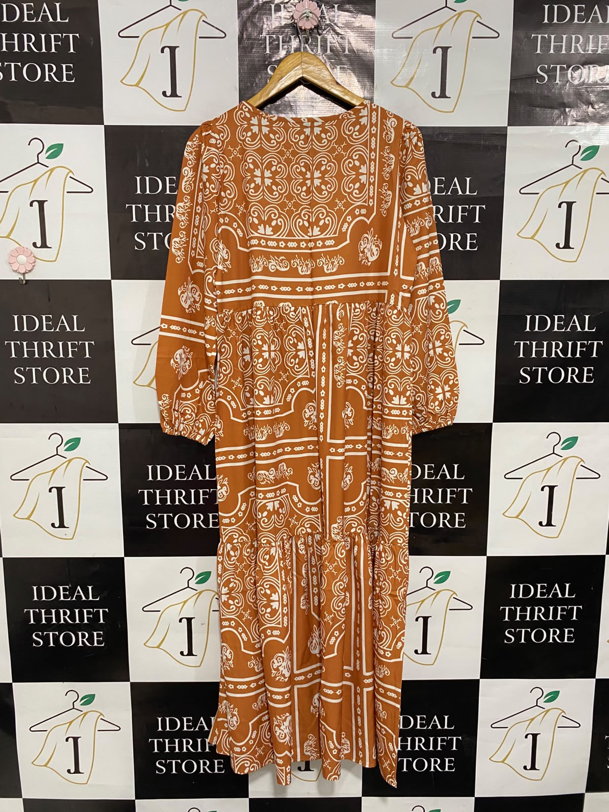 SHEIN |S| BUST 19| A24| RUST ORANGE AND WHITE BAROQUE PRINT TIERED LONG-SLEEVE MIDI DRESS | BOHEMIAN ELEGANT MAXI DRESS