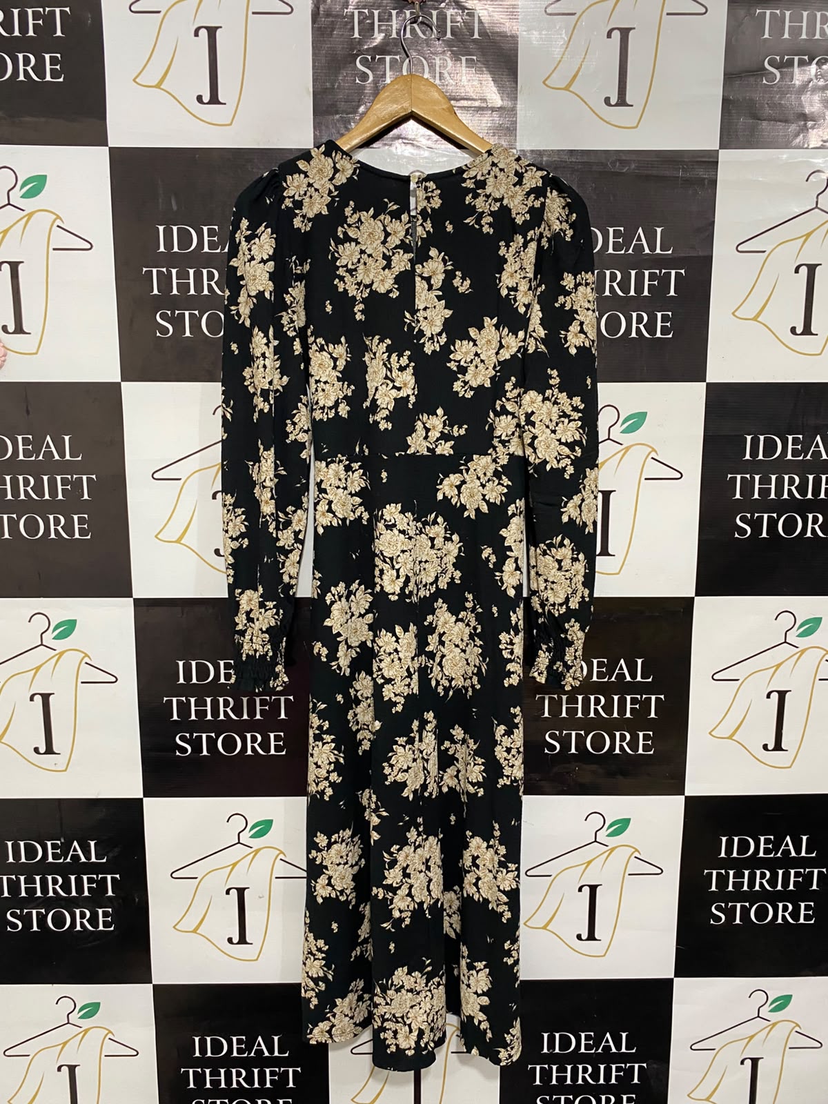 NEW LOOK |L| BUST FREE| A24| BLACK AND BEIGE FLORAL PRINT LONG-SLEEVE MIDI DRESS | ELEGANT TIE-WAIST PARTY DRESS