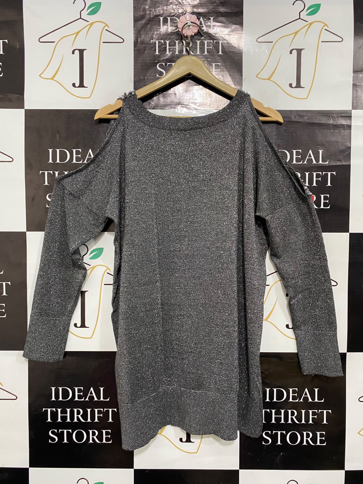 WALLIS |M| BUST FREE| A24| CHARCOAL SPARKLING COLD-SHOULDER EMBELLISHED KNIT TOP | GLAMOROUS PARTY TUNIC