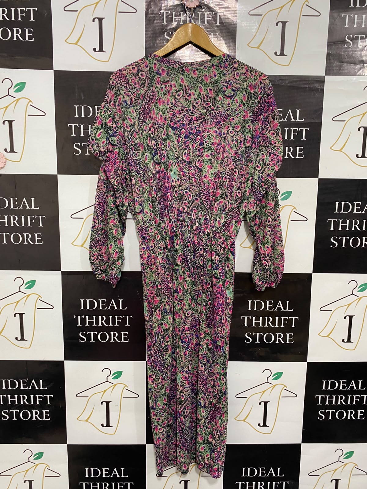 ZARA TRAFALUC |L| BUST 20| A24| MULTICOLOR ABSTRACT PRINT RUFFLE-SHOULDER LONG-SLEEVE MIDI DRESS