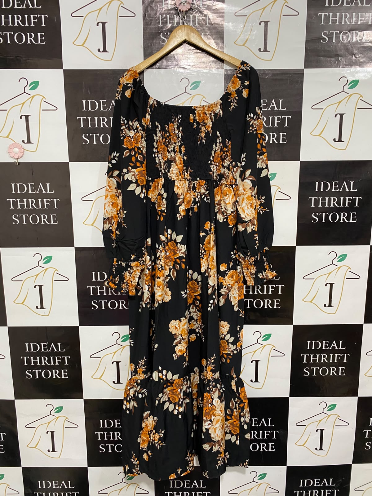 SHEIN CURVE |XL| BUST 16| A24| BLACK AND AMBER ORANGE FLORAL PRINT SMOCKED MIDI DRESS | BOHEMIAN LONG-SLEEVE TIERED GOWN