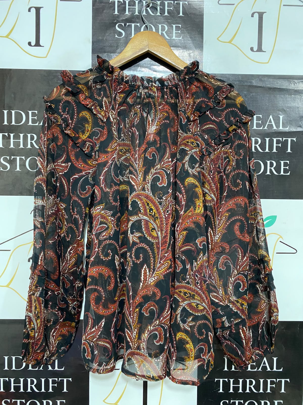 PAPAYA |M| BUST 21| A23| BOHEMIAN PAISLEY PRINT RUFFLE-TRIM LONG-SLEEVE SHEER BLOUSE | ELEGANT BUTTON-UP SHIRT