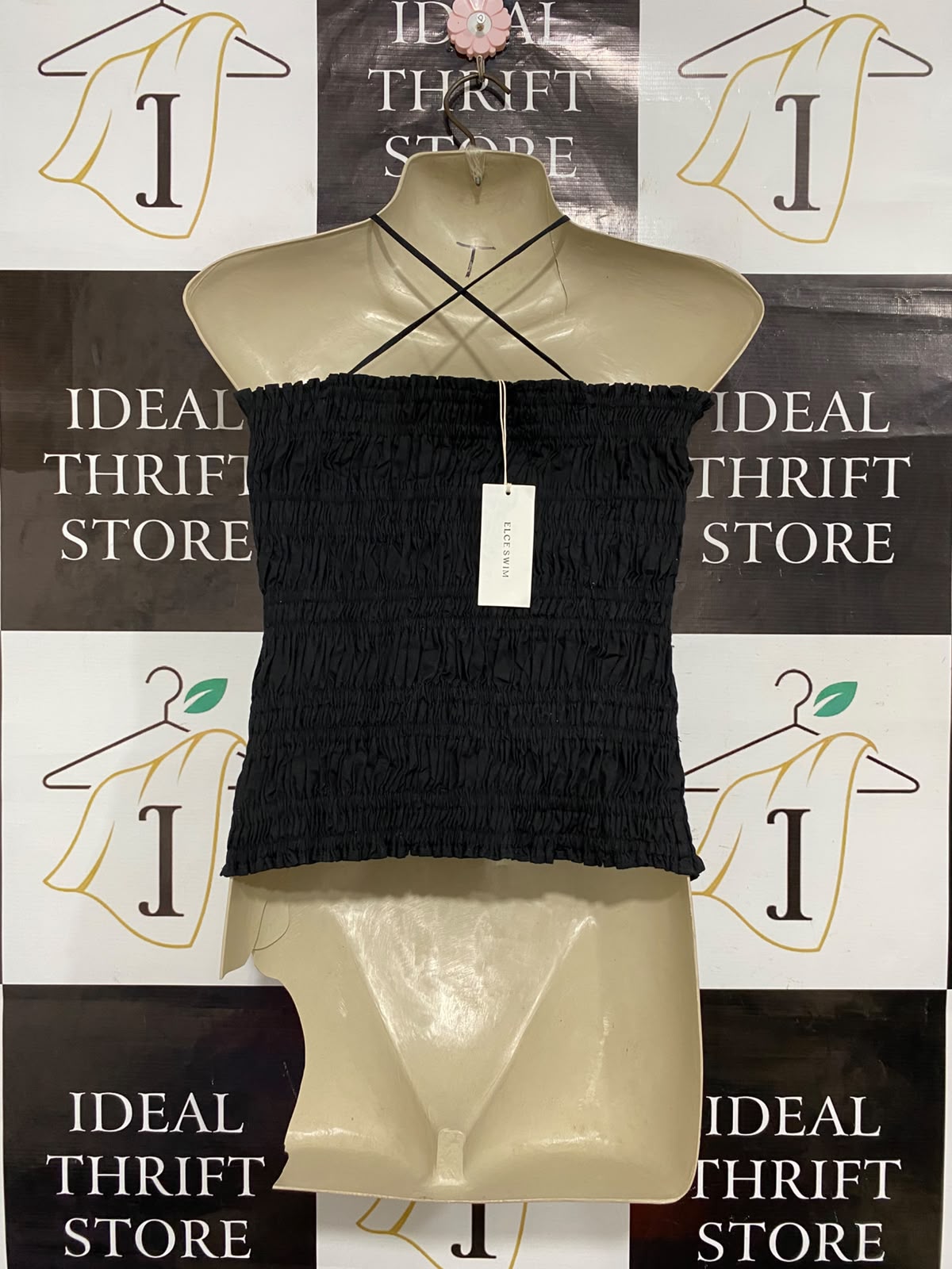 ELCE SWIM |XS| BUST 15| A23| CLASSIC BLACK SMOCKED HALTER-NECK CROSS-STRAP CROP TOP | ELEGANT SLEEVELESS TUBE BLOUSE