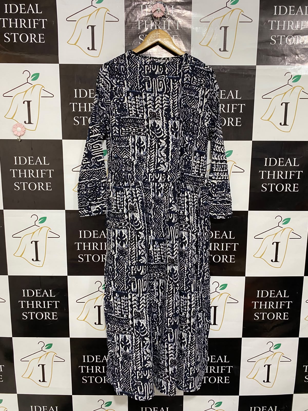 SHEIN |L| BUST 19| A23| NAVY BLUE AND WHITE TRIBAL AZTEC PRINT LONG-SLEEVE MAXI DRESS | CASUAL BOHEMIAN DRESS