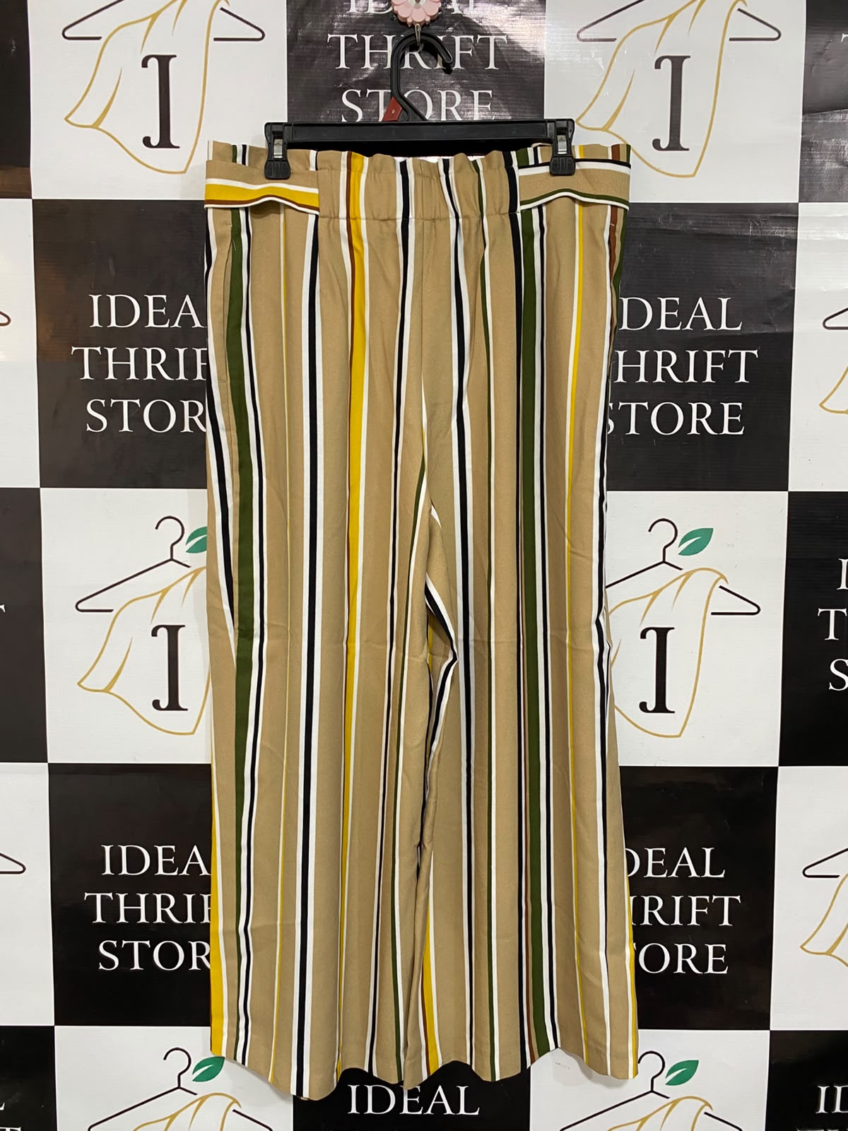 F&F |L| WAIST 32| A23| CAMEL MULTICOLOR STRIPED HIGH-WAIST WIDE-LEG PALAZZO TROUSERS