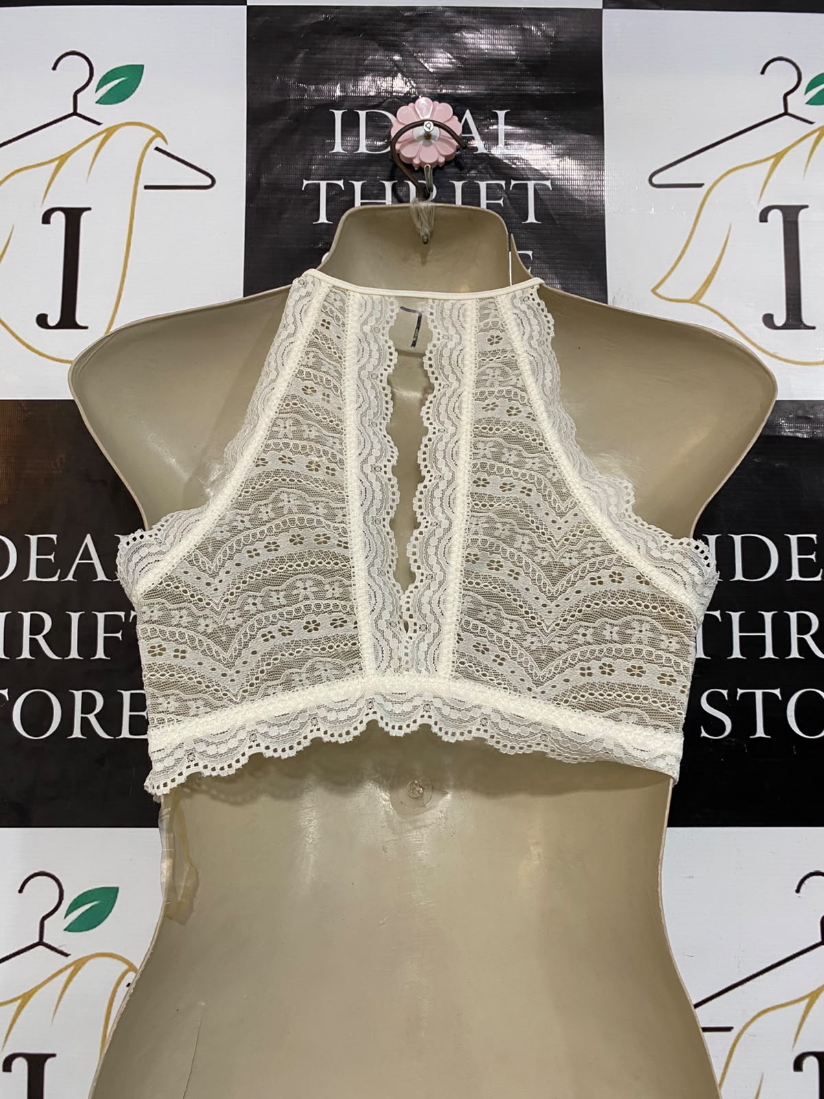 BRAS N THINGS |XS| BUST 15| A23| IVORY LACE HALTER-NECK SCALLOPED BRALETTE | ELEGANT SLEEVELESS CROP TOP