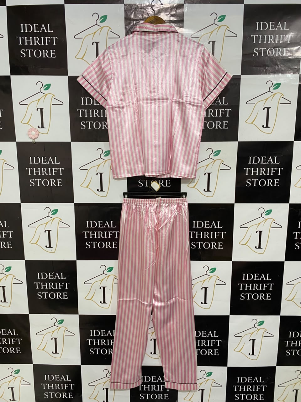 |S| A25| CLASSIC PINK AND WHITE STRIPED SATIN PAJAMA SET WITH PANTS