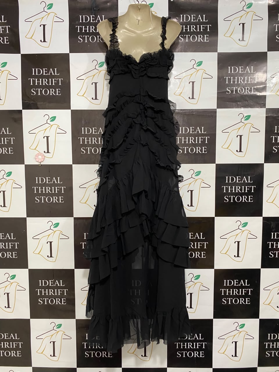 |S| BUST 15| A25| DRAMATIC BLACK RUFFLED TIERED MAXI DRESS