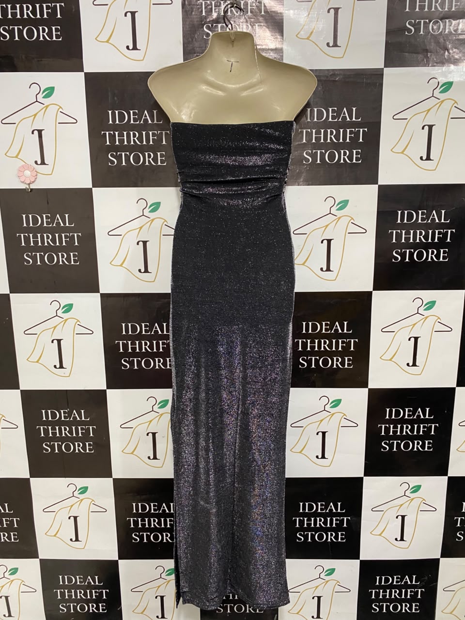 BERSHKA |S| BUST 15| A25| GLAMOROUS CHARCOAL BLACK SPARKLE STRAPLESS MAXI DRESS