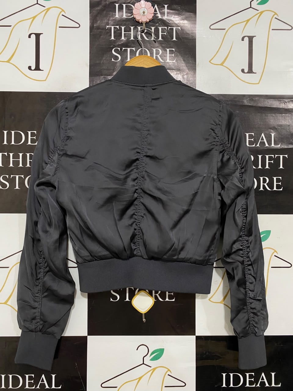 H&M |S| BUST 17| B36| CHIC CHARCOAL BLACK CROPPED SATIN BOMBER JACKET