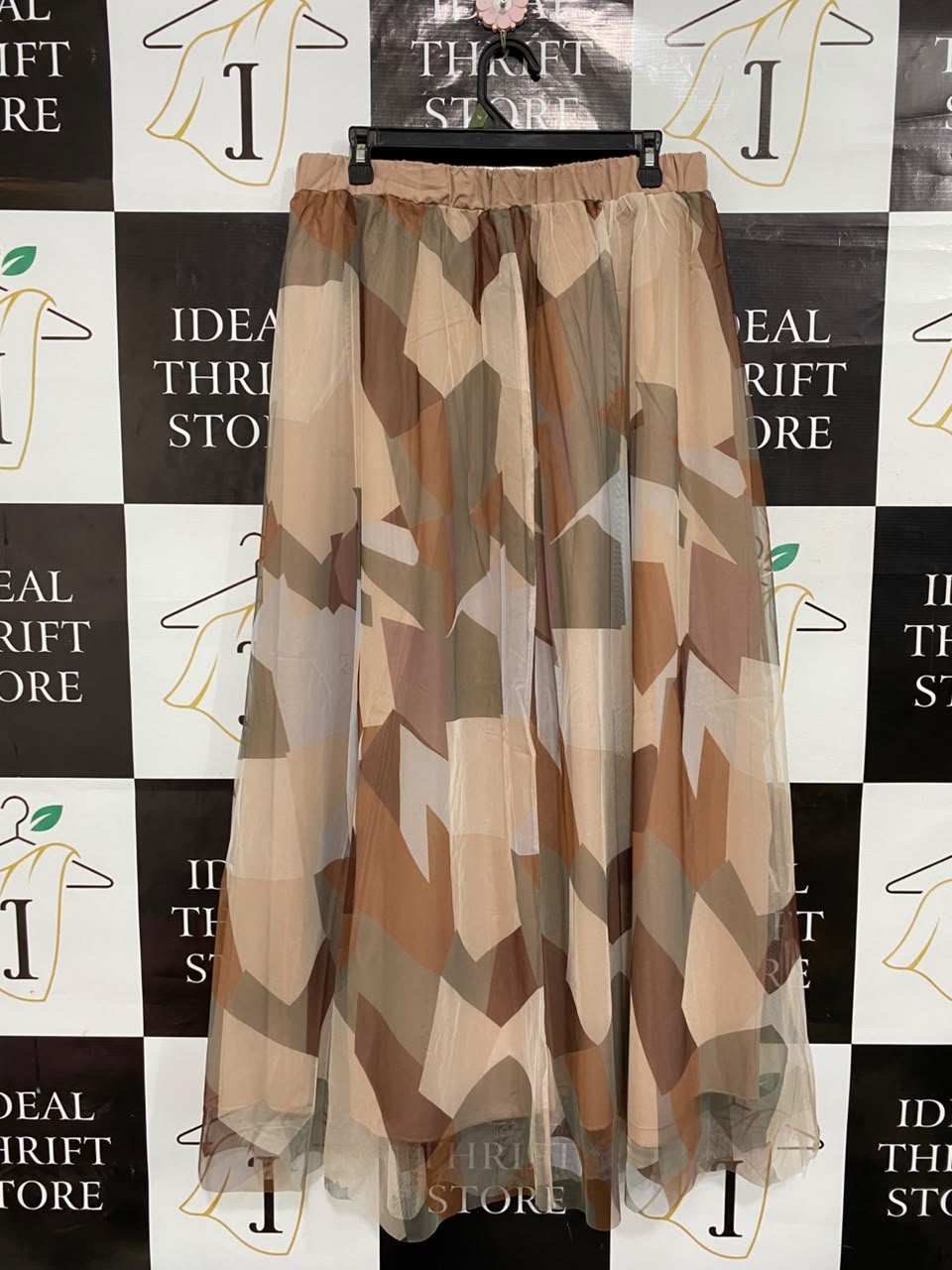 SHEIN |XL| WAIST 32| A24| EARTH-TONE GEOMETRIC PRINT SHEER OVERLAY MIDI SKIRT