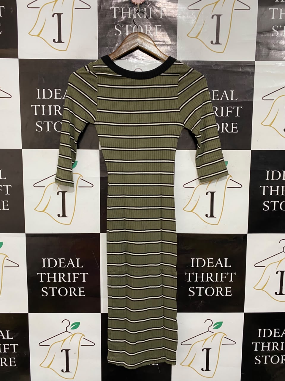PRIMARK |XS| BUST 11| A24| OLIVE GREEN STRIPED RIBBED BUTTON-FRONT MIDI DRESS