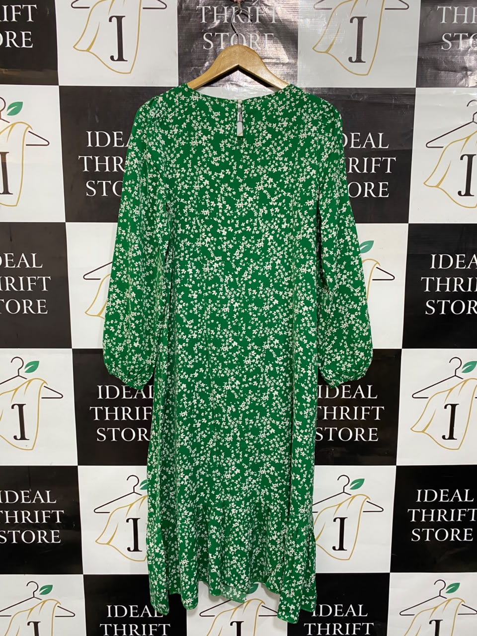 SHEIN |M| BUST 19| A24| EMERALD GREEN WHITE FLORAL PRINT LONG-SLEEVE MIDI DRESS
