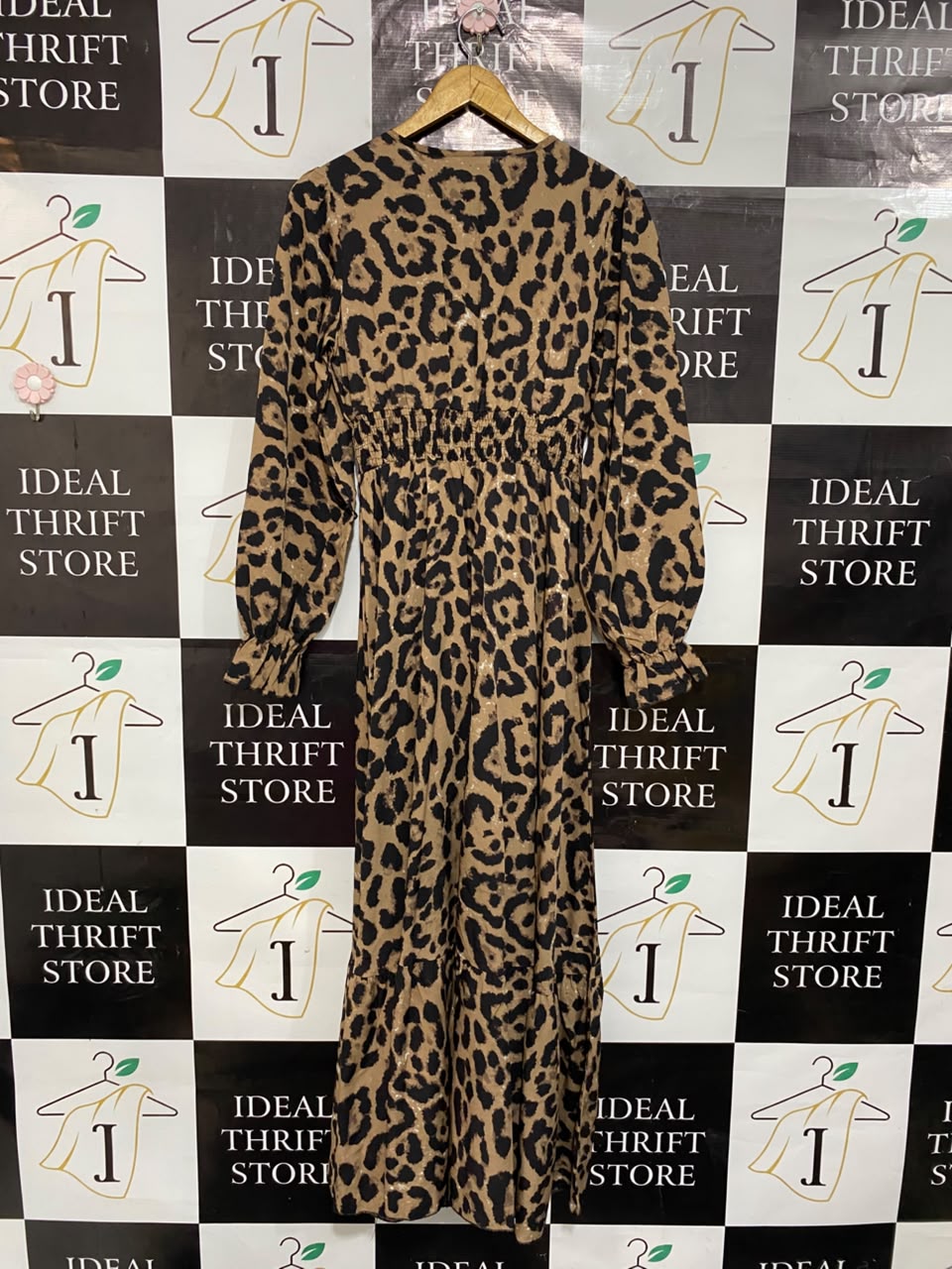 SHEIN |S| BUST 17| A24| LEOPARD PRINT SMOCKED WAIST LONG-SLEEVE MIDI DRESS