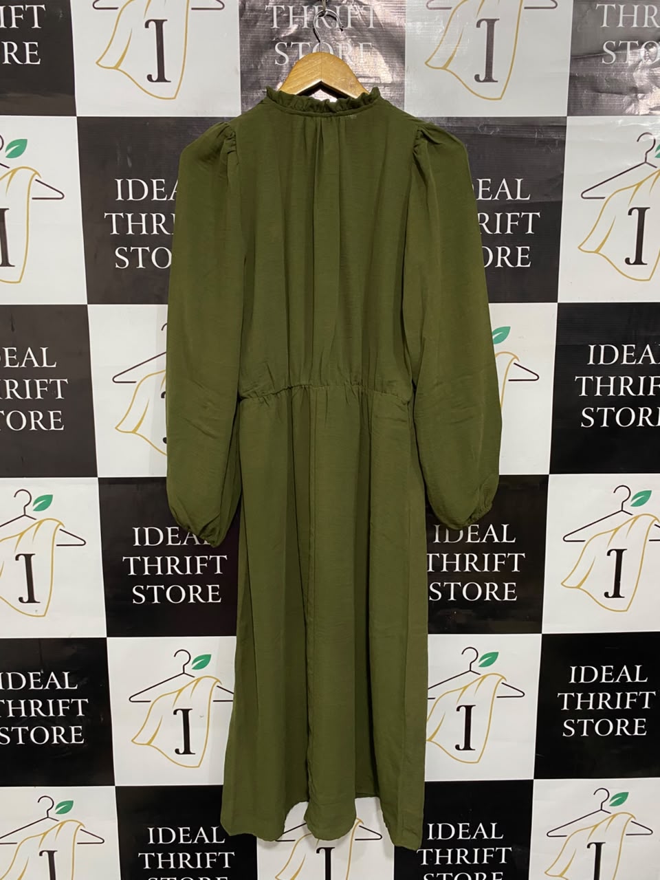 MARINA KANEVA |M| BUST 17| A24| OLIVE GREEN RUFFLE-NECK LONG-SLEEVE MIDI DRESS