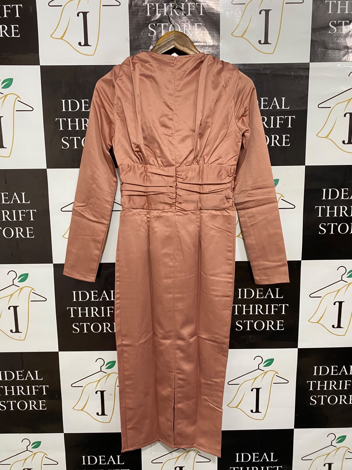 PRETTYLITTLE THING |S| BUST 15| A26| ROSE PINK SATIN DRAPE SHOULDER LONG SLEEVE MIDI DRESS