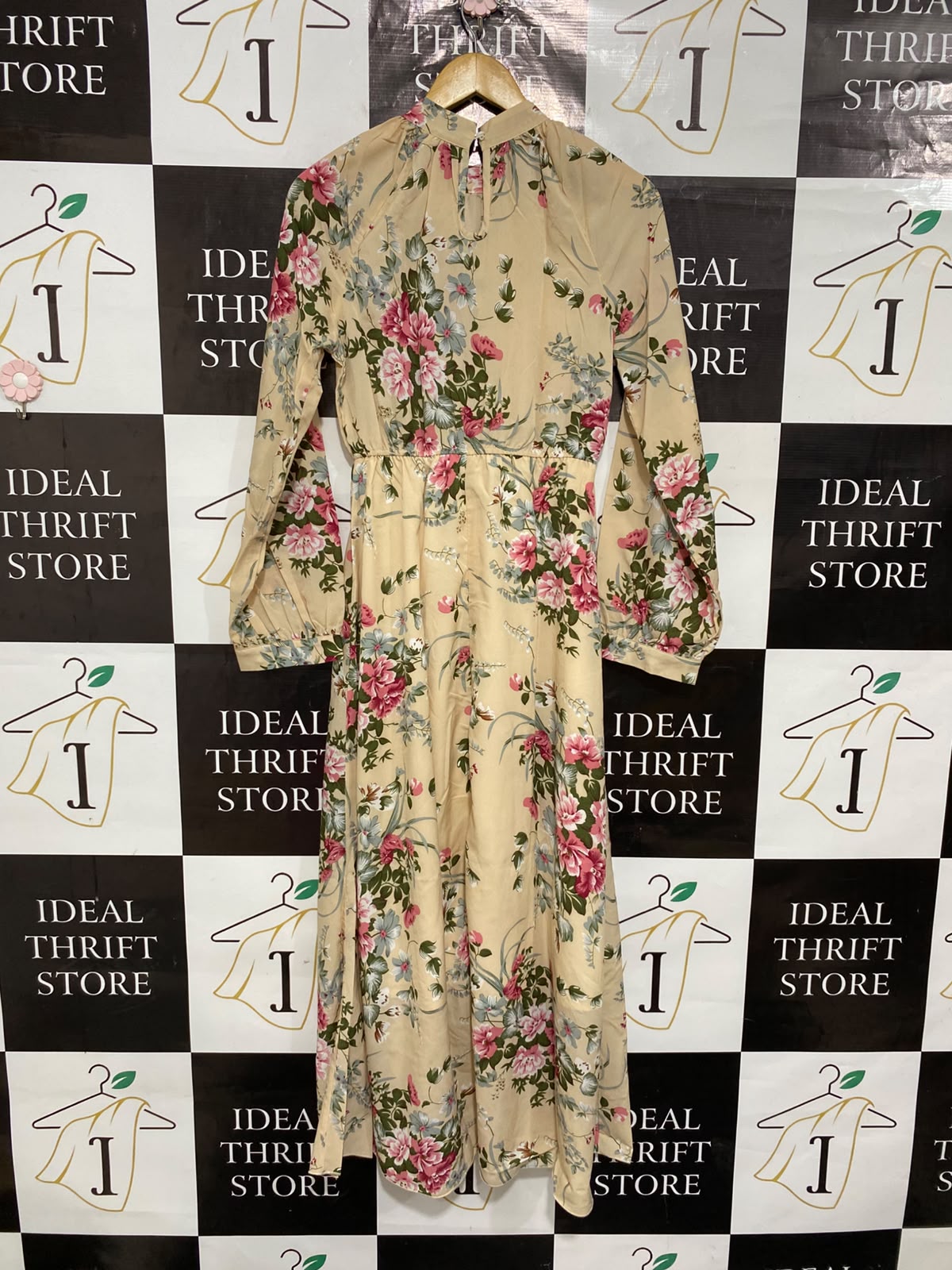 |S| BUST 17| A26| CREAM PINK FLORAL MOCK NECK LONG SLEEVE MAXI DRESS