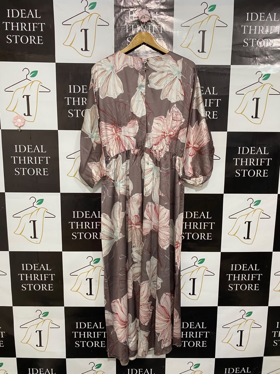 |M| BUST FREE| A26| MAUVE PINK LARGE FLORAL PRINT ROUND NECK LONG SLEEVE MAXI DRESS