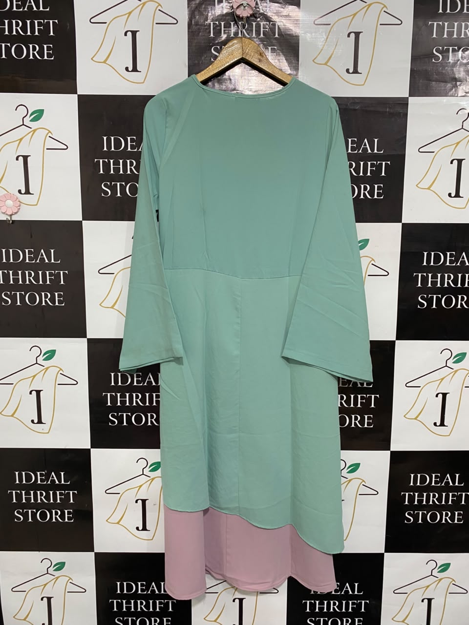 GDG ACTUEL |L| BUST 20| A25| MINT GREEN AND DUSTY ROSE LAYERED ASYMMETRIC LONG SLEEVE DRESS