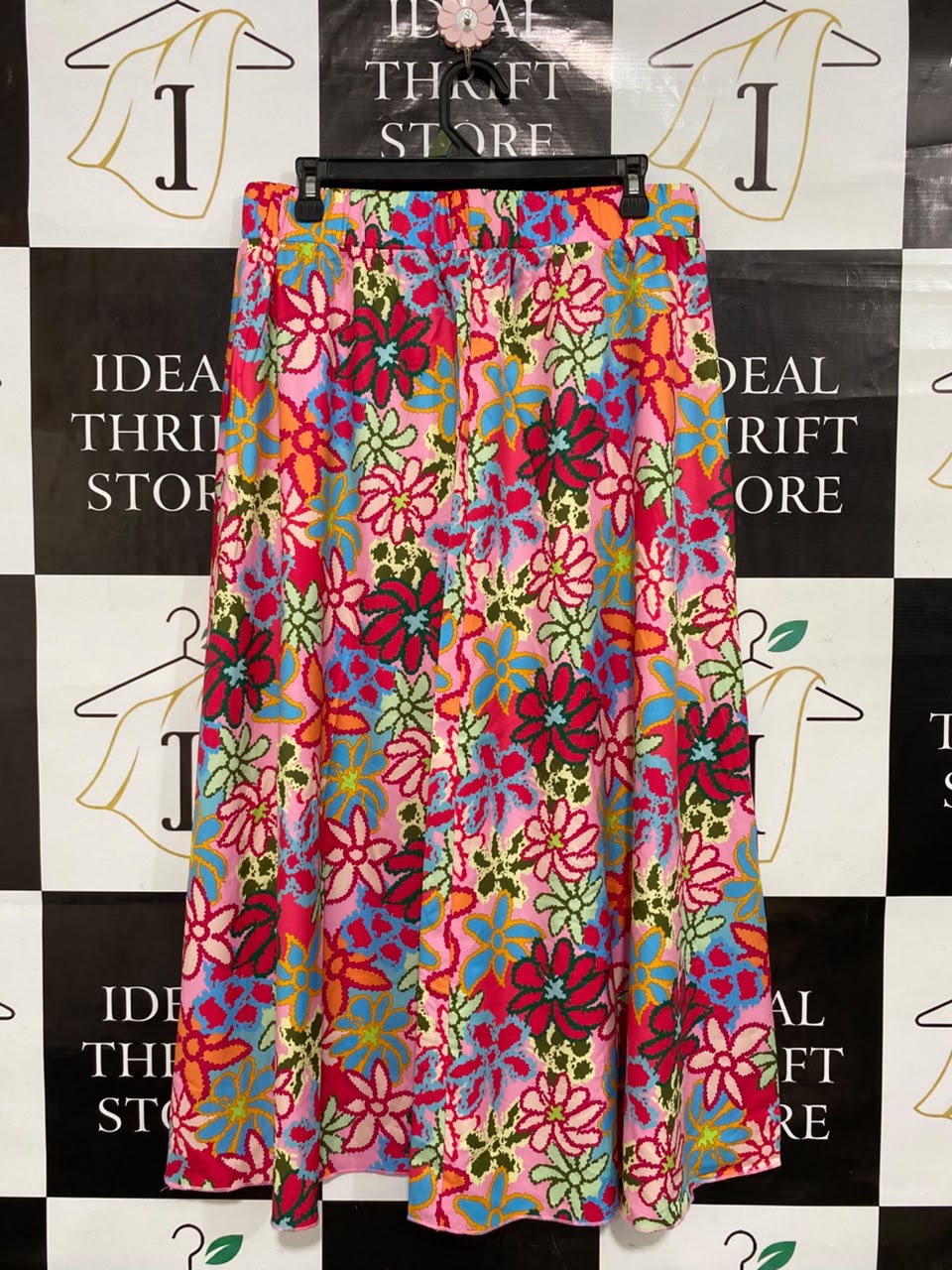 |XL| WAIST 30| A25| VIBRANT PINK MULTICOLORED FLORAL BOHEMIAN ELASTIC-WAIST MAXI SKIRT