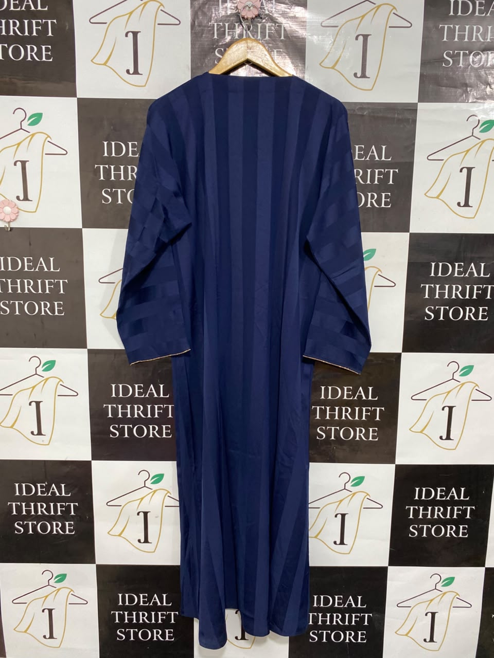 |M| BUST FREE| A25| NAVY BLUE STRIPED FRONT-ZIP LONG SLEEVE MODEST MAXI ABAYA