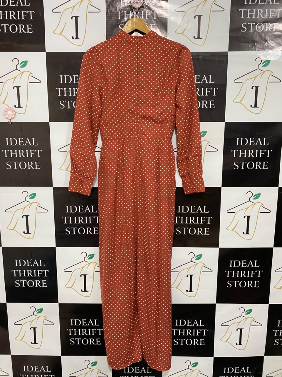 ASOS |M| BUST 17| A25| RUST ORANGE POLKA DOT HIGH-NECK LONG SLEEVE MIDI DRESS