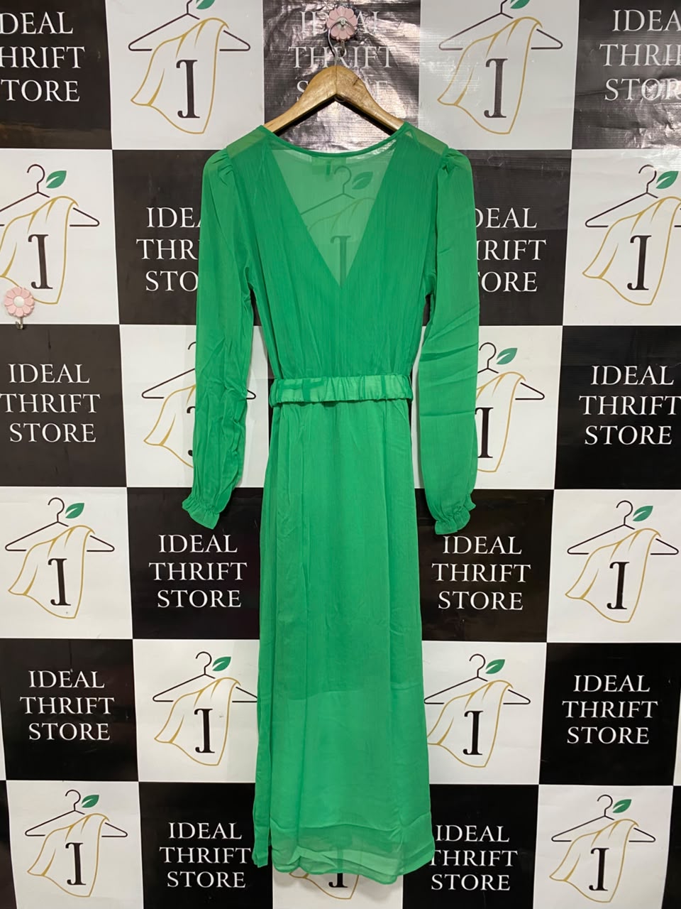 NAF NAF |S| BUST 16| A25| VIBRANT GREEN WRAP-STYLE LONG SLEEVE BELTED MIDI DRESS