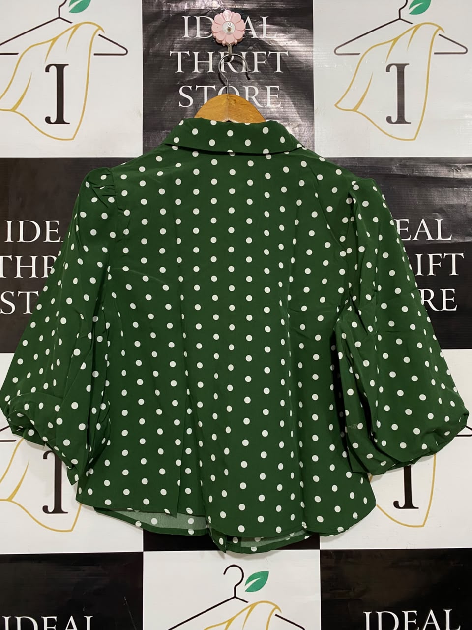 SHEIN |M| BUST 18| A25| FOREST GREEN POLKA DOT BUTTON-UP PUFF SLEEVE BLOUSE