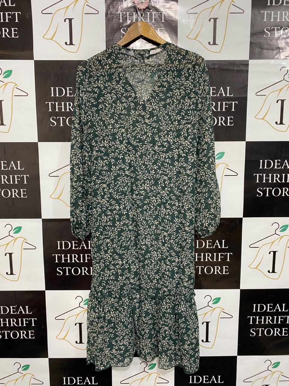 PRIMARK |M| BUST 18| A25| FOREST GREEN LEAF PRINT V-NECK LONG SLEEVE MIDI DRESS