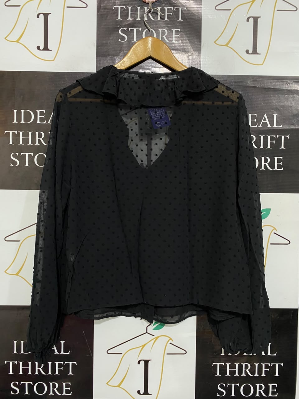 NEW LOOK |M| BUST 20| A25| BLACK SHEER DOBBY DOT RUFFLE-COLLAR BLOUSE