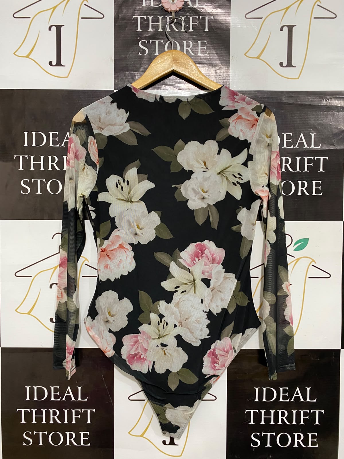 GEORGE DAVIES |M| BUST 16| A26| BLACK AND BLUSH PINK FLORAL MESH LONG SLEEVE BODYSUIT
