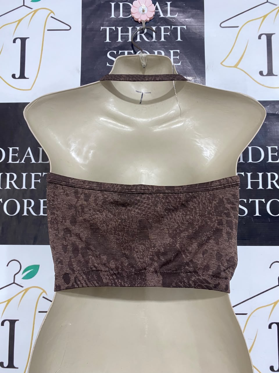 GYMSHARK |S| BUST 15| BROWN ANIMAL JACQUARD HALTER CROP TOP ACTIVEWEAR