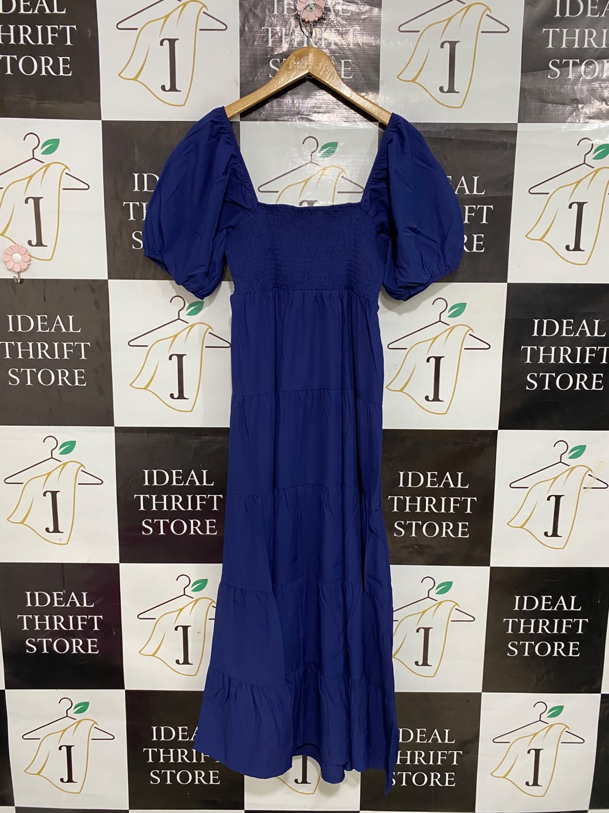|XL| BUST 15| A27| ROYAL BLUE SQUARE NECK PUFF SLEEVE TIERED MIDI DRESS CASUAL WEAR