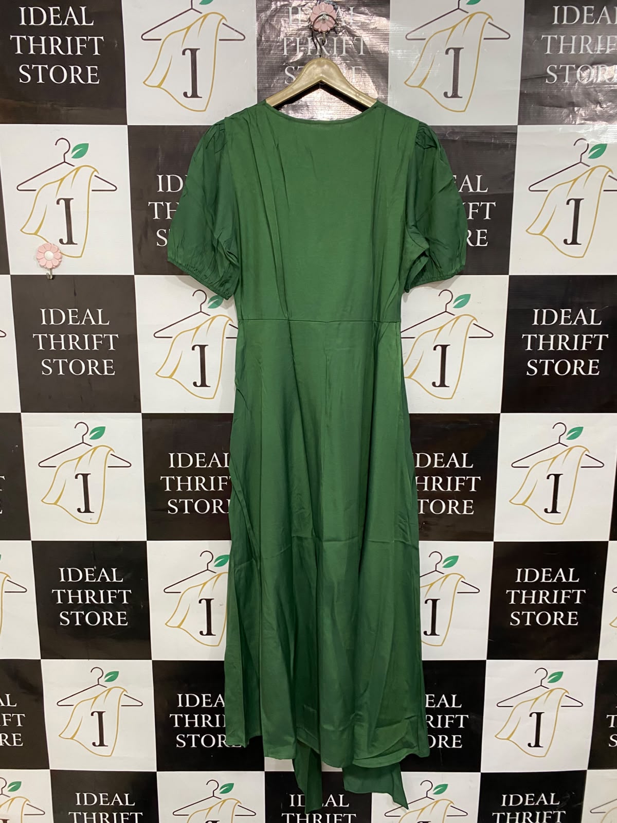 SHEIN |XL| BUST 20| A26| EMERALD GREEN FAUX-WRAP SHORT PUFF SLEEVE MIDI DRESS CASUAL WEAR
