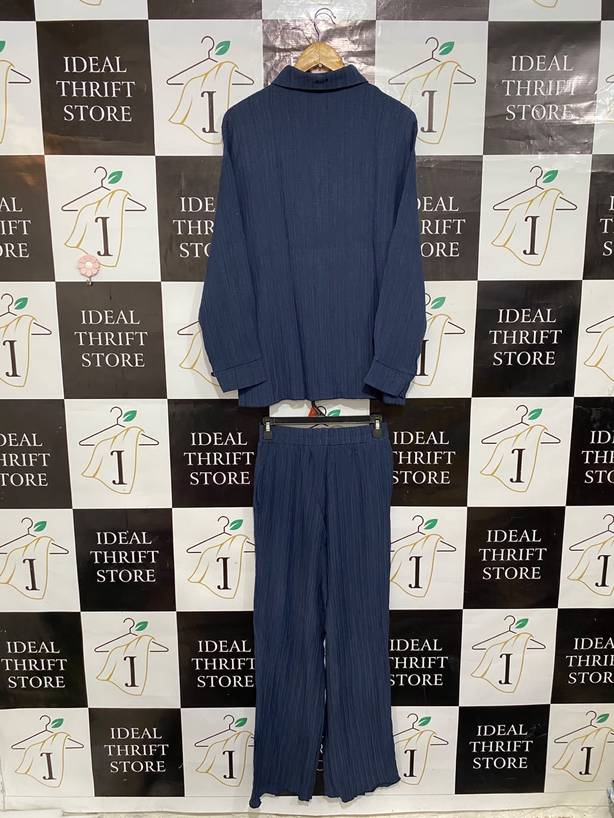 SHEIN |S| B32| NAVY BLUE CRINKLED BUTTON-DOWN SHIRT & WIDE-LEG PANTS LOUNGEWEAR SET