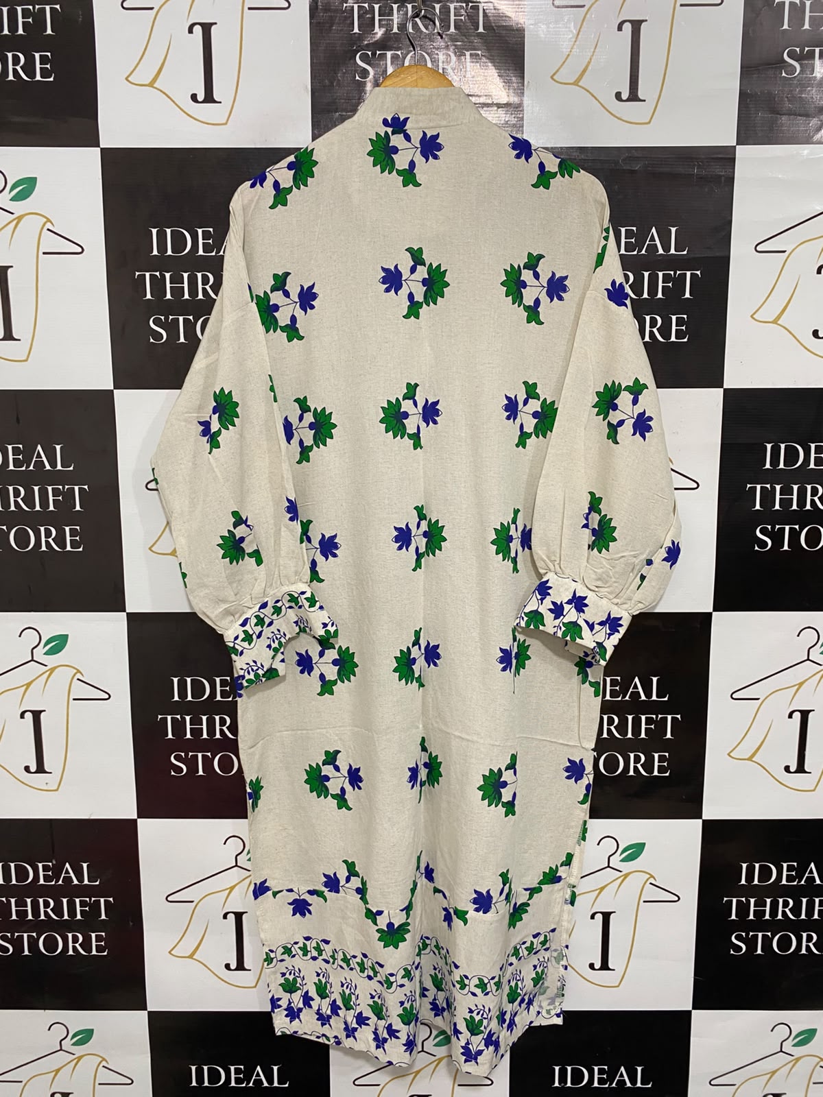 HAZE |L| BUST FREE| A26| BEIGE & BLUE/GREEN FLORAL VINE PRINT LONG-SLEEVE SHIRT MIDI DRESS