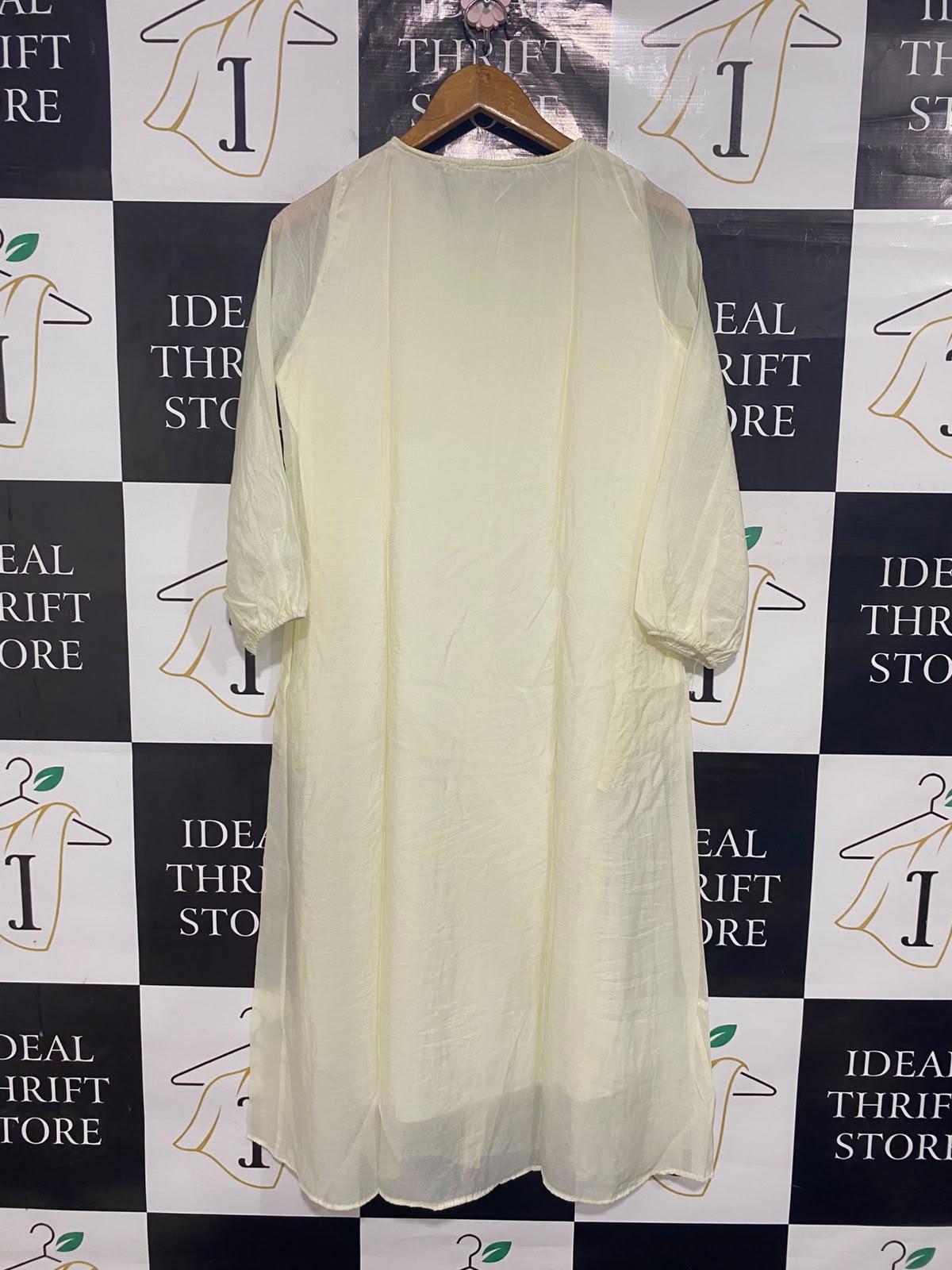 |L| BUST 19| A26| LIGHT YELLOW PLEATED-BODICE BUTTON-DOWN LONG-SLEEVE MIDI DRESS