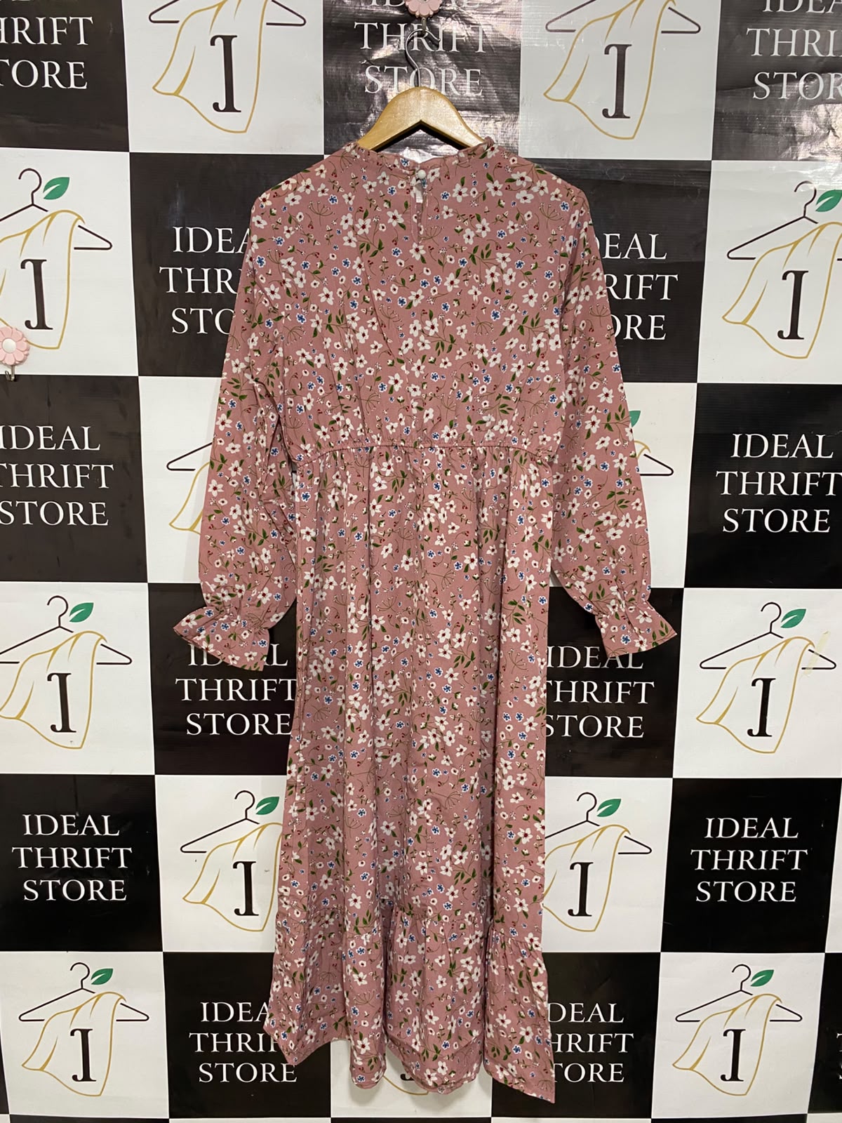 SHEIN |L| BUST 19| A28| DUSTY PINK & WHITE FLORAL PRINT RUFFLE-TRIM LONG-SLEEVE MIDI DRESS