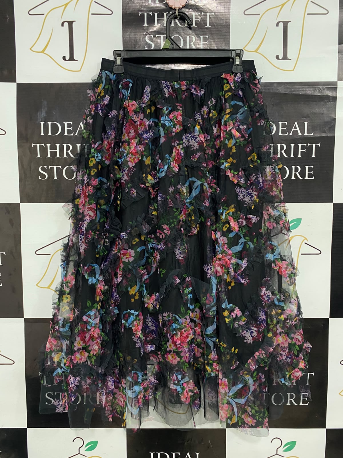 SHEIN CURVE |XL| WAIST 28| A27| BLACK & MULTICOLOR FLORAL RUFFLE MESH TIERED MIDI SKIRT
