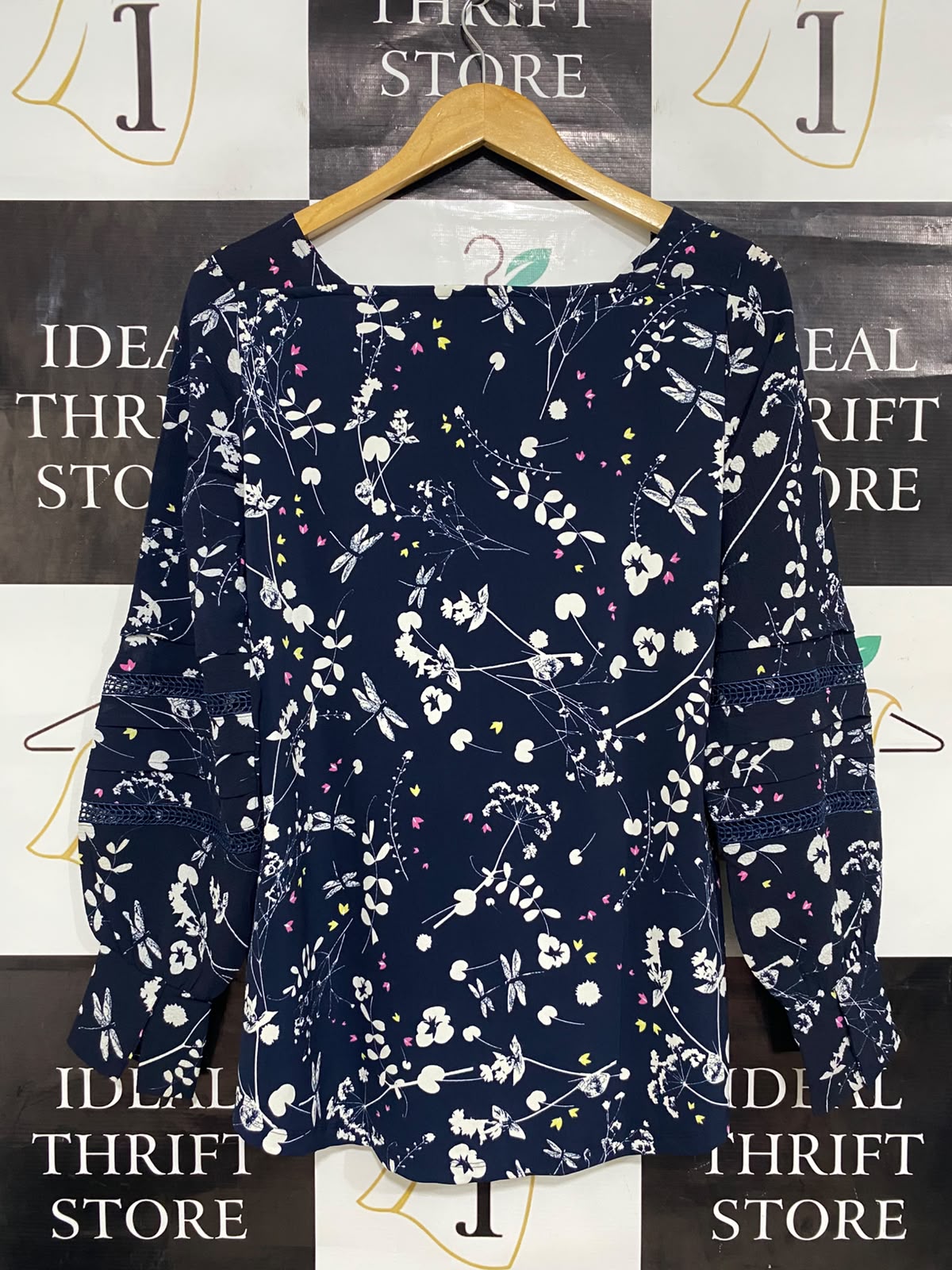 NEXT |M| BUST 19| A27| NAVY BLUE & WHITE BOTANICAL PRINT SQUARE-NECK LONG-SLEEVE BLOUSE