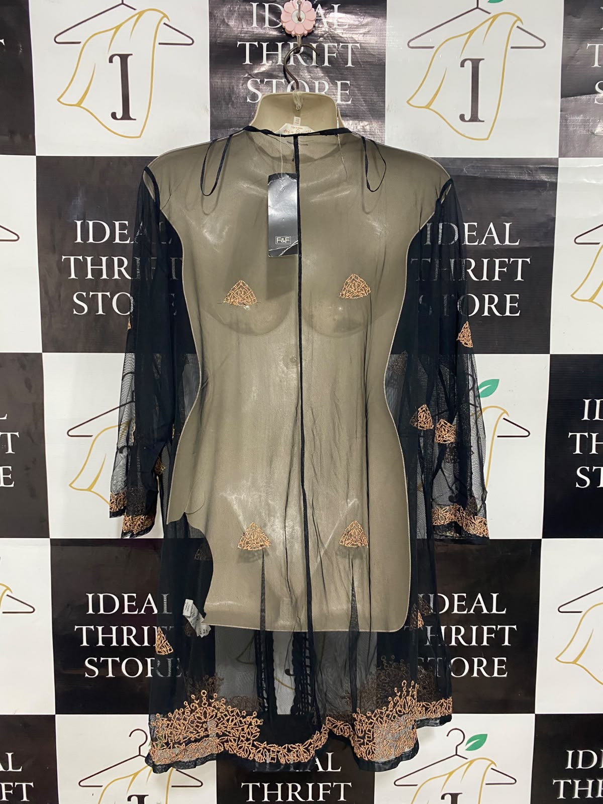 F&F |L| BUST 24| A27| BLACK & COPPER EMBROIDERED MESH OPEN-FRONT KIMONO CARDIGAN