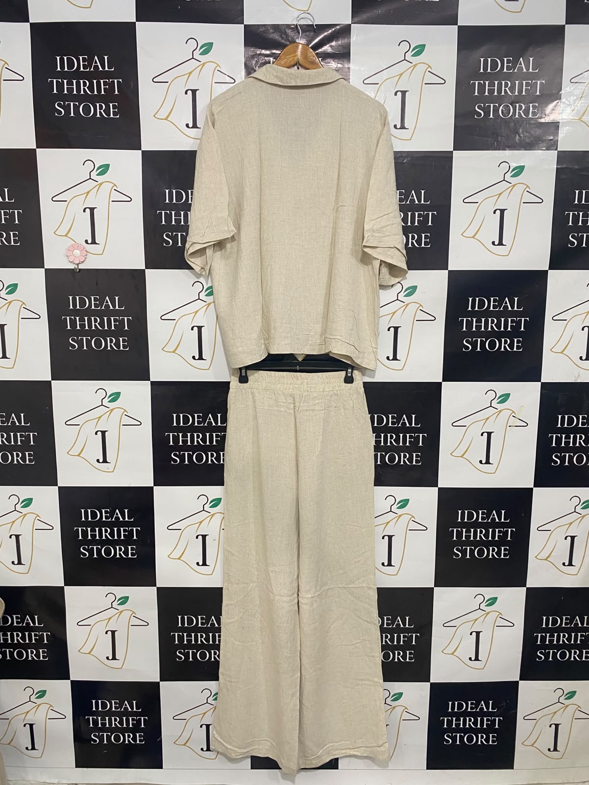BOOHOO |M| A27| BEIGE CAMP-COLLAR SHORT-SLEEVE SHIRT & WIDE-LEG PANTS LOUNGE SET