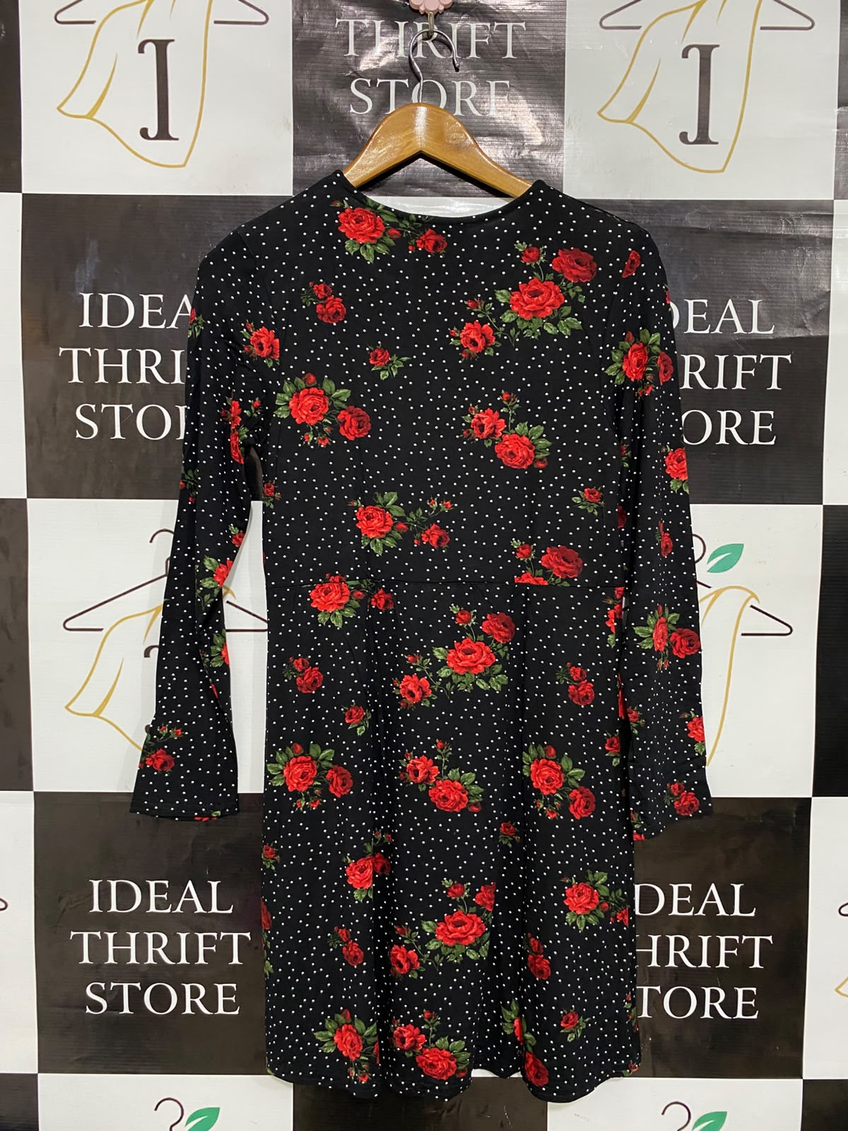 NEW LOOK |M| BUST 15| A27| BLACK & RED ROSE FLORAL POLKA DOT LONG-SLEEVE MINI DRESS