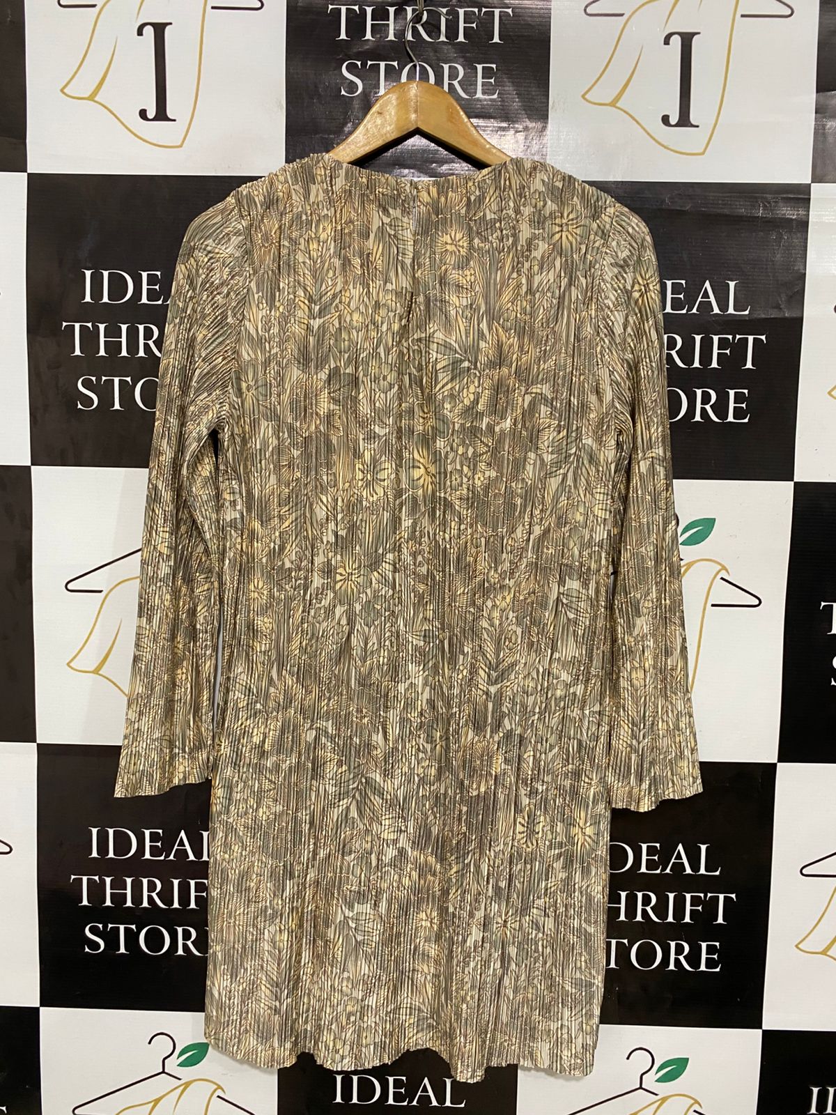 H&M |S| BUST 17| A28| GOLDEN BROWN & OLIVE FLORAL PLEATED LONG-SLEEVE MINI DRESS