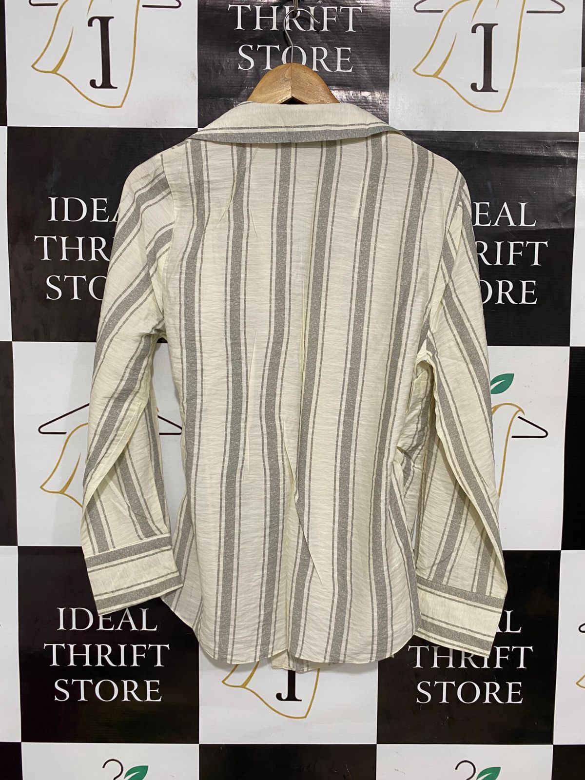 PRIMARK |L| BUST 19| A28| GREY & CREAM STRIPED WRAP-FRONT LONG-SLEEVE SHIRT