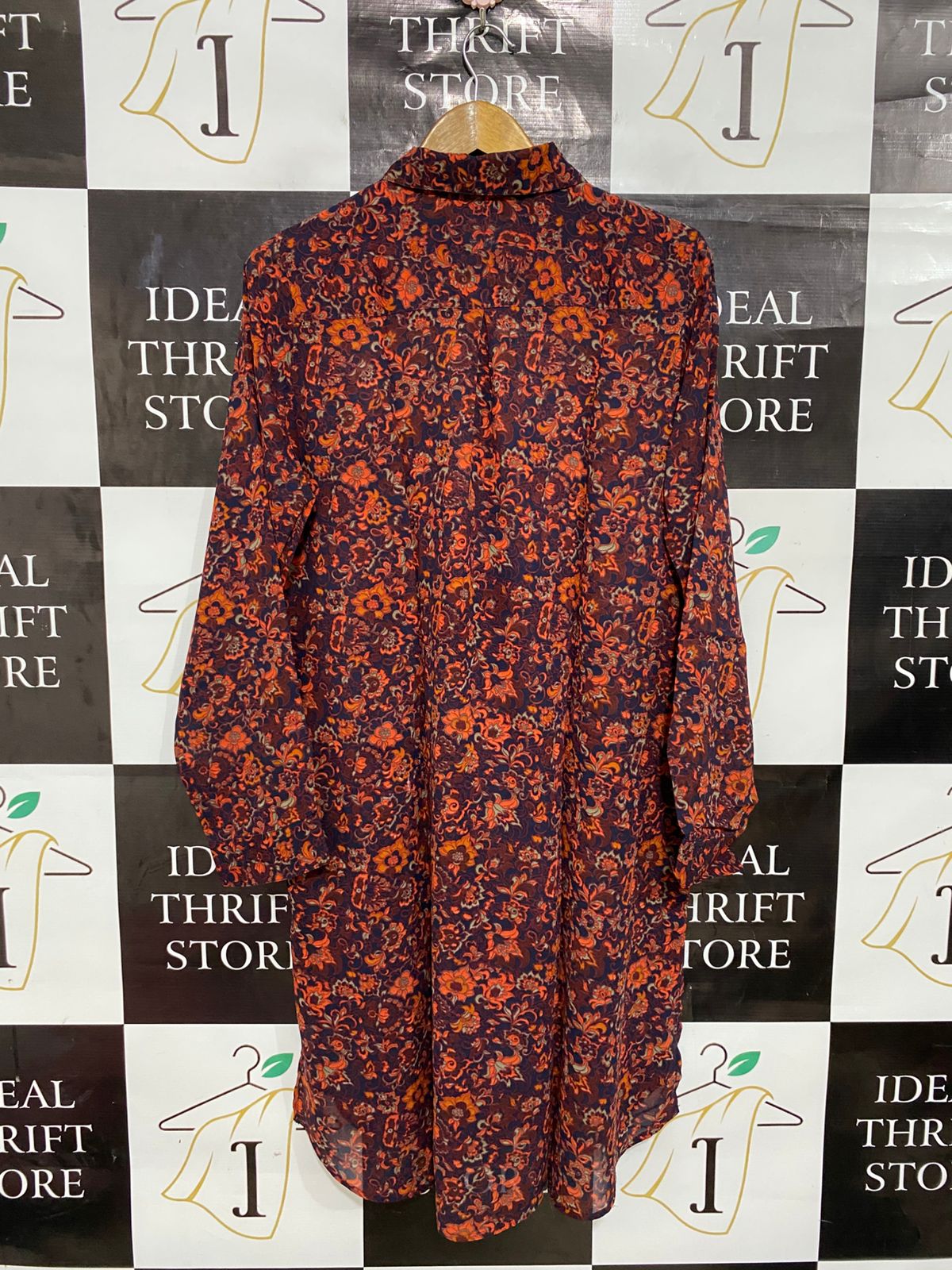 FASHION BOX |XL| BUST 23| A28| ORANGE & NAVY BLUE FLORAL PAISLEY PRINT BUTTON-DOWN SHIRT DRESS